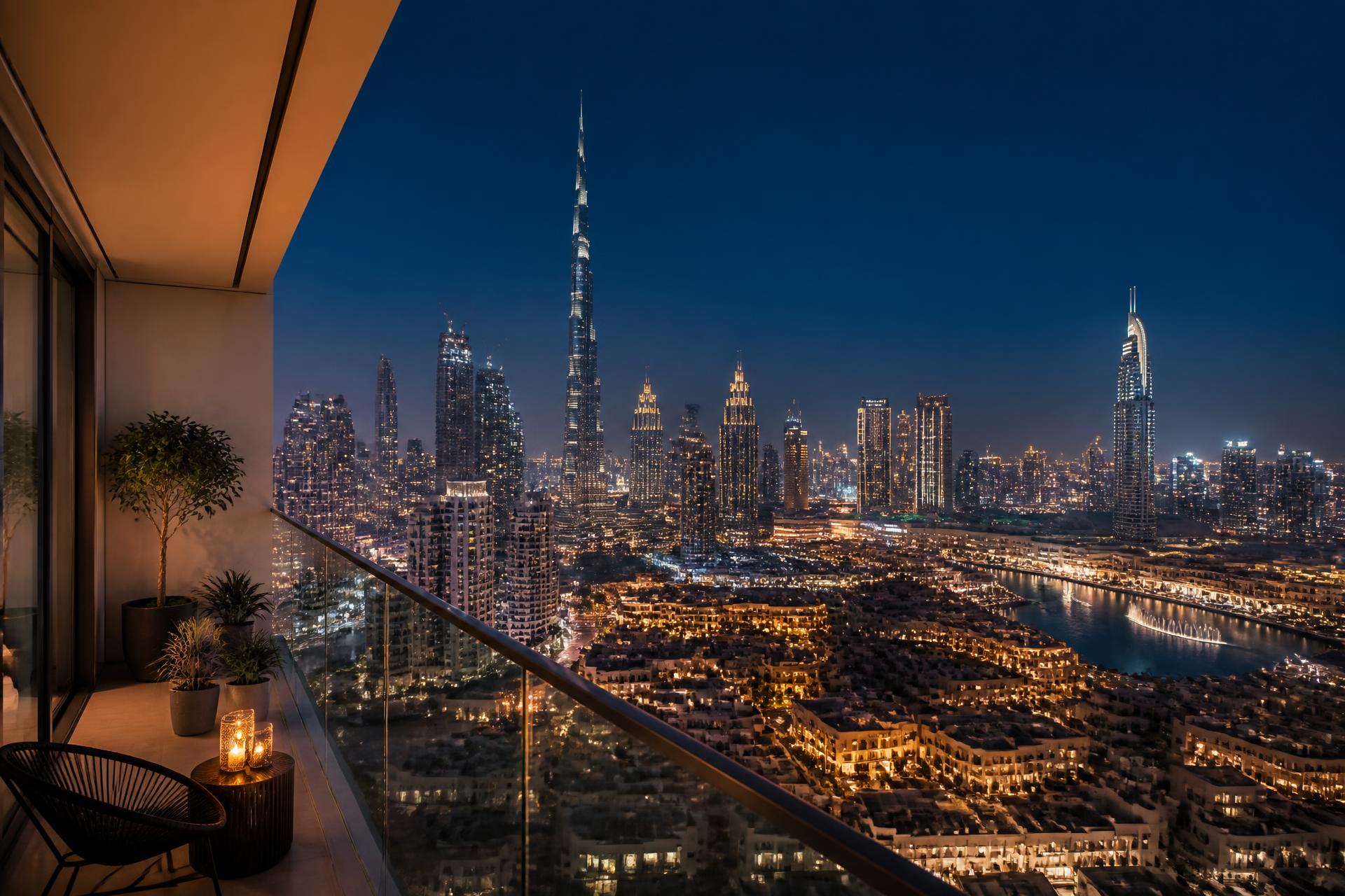 Modern Gulf skyline at blue hour seen from a high-rise apartment balcony